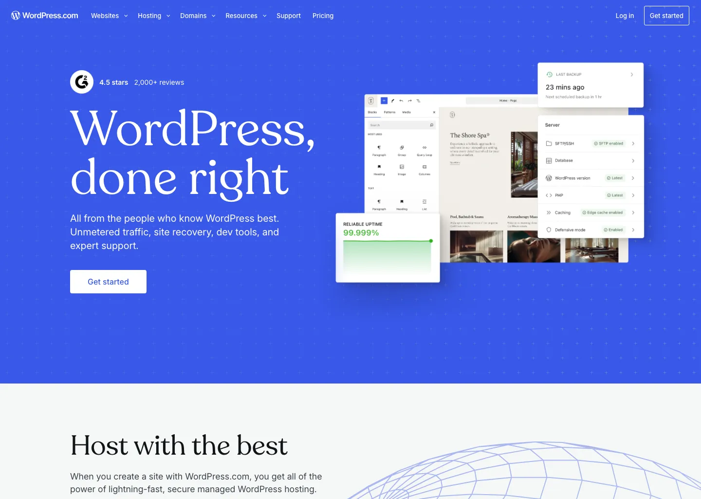 WordPress.com homepage with the heading WordPress, done right and managed hosting panels