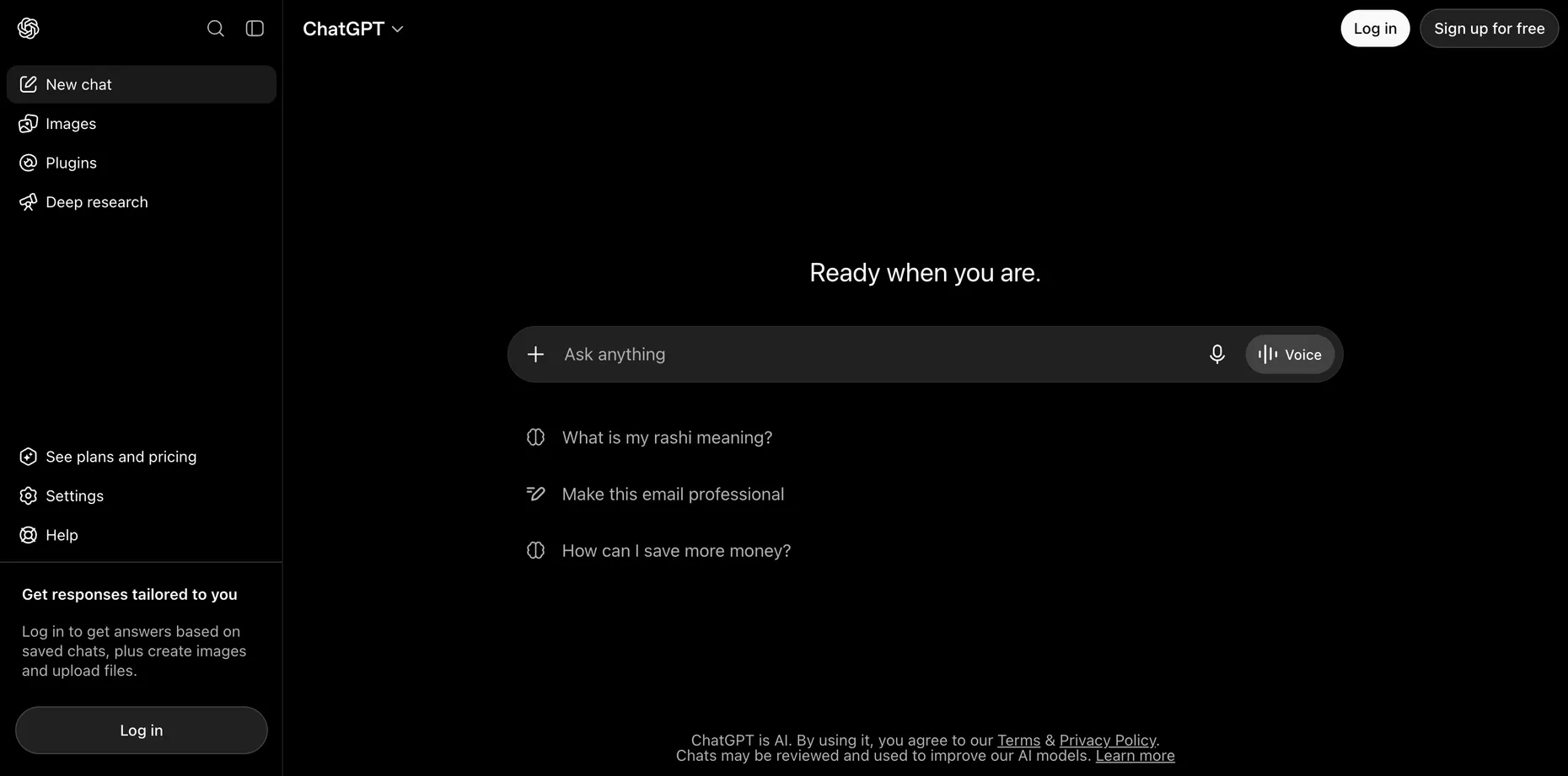 The ChatGPT interface logged out, showing Ready when you are with an Ask anything prompt box and a Sign up for free button