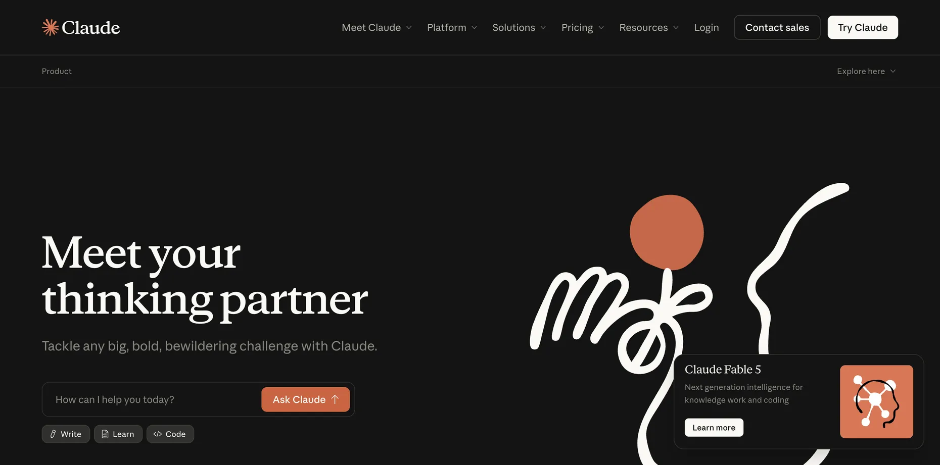 Claude's product page, headline Meet your thinking partner, with an Ask Claude prompt box and Write, Learn and Code shortcuts