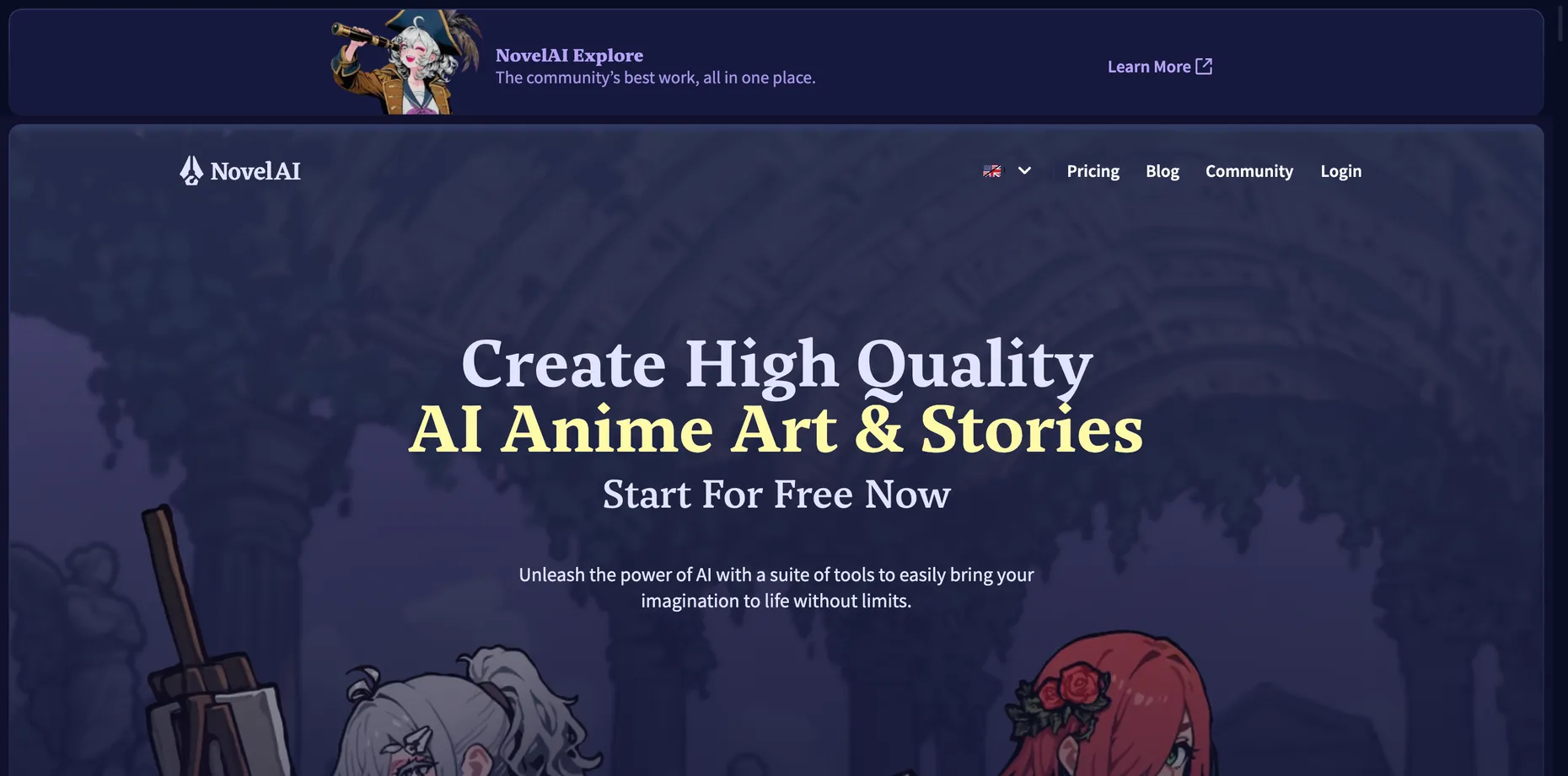 NovelAI's homepage, headline Create High Quality AI Anime Art and Stories with a Start For Free Now line, over anime-styled character artwork
