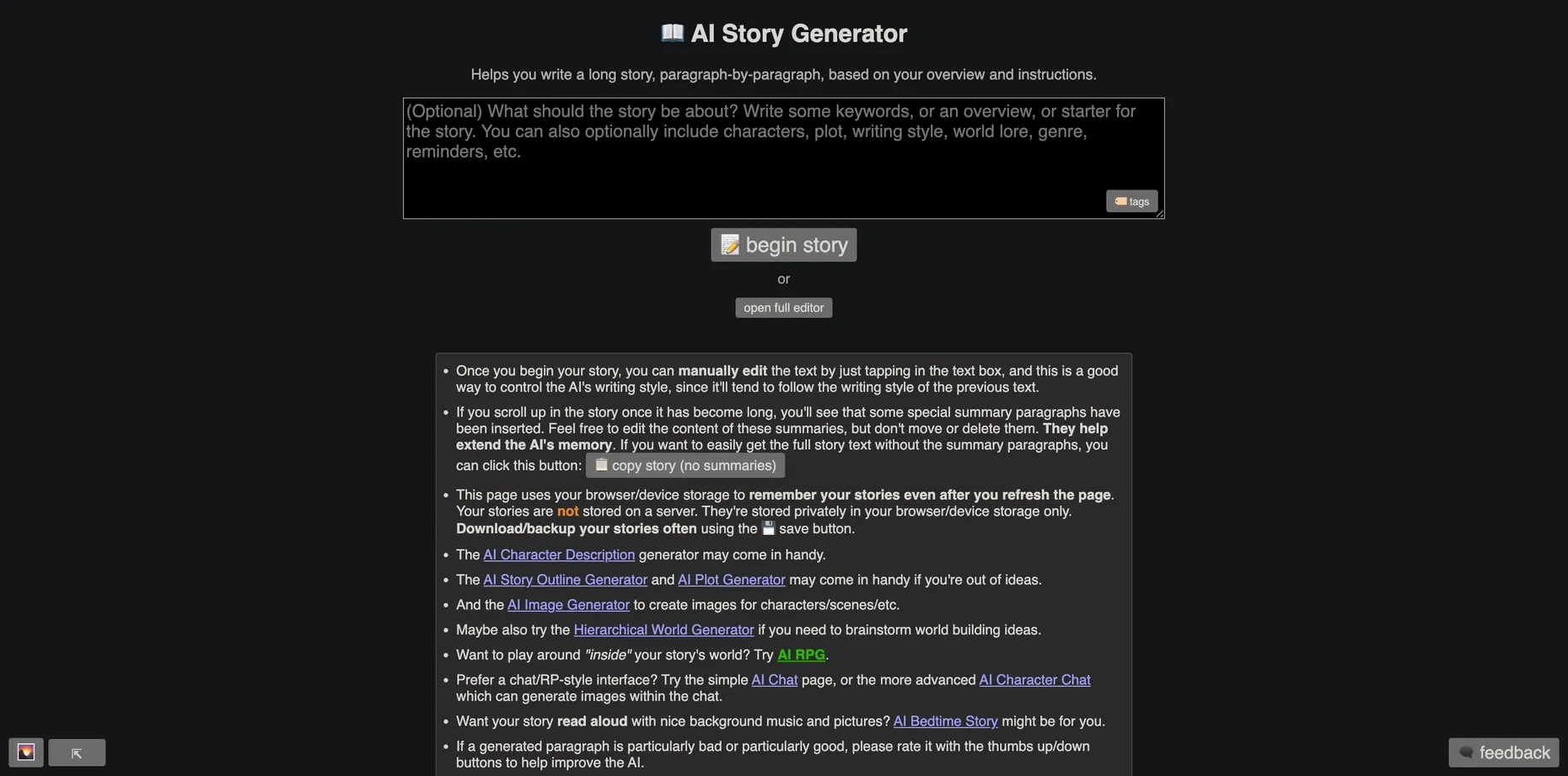 Perchance's AI Story Generator, with a prompt box, a begin story button, and notes explaining that stories are stored in browser storage and not on a server