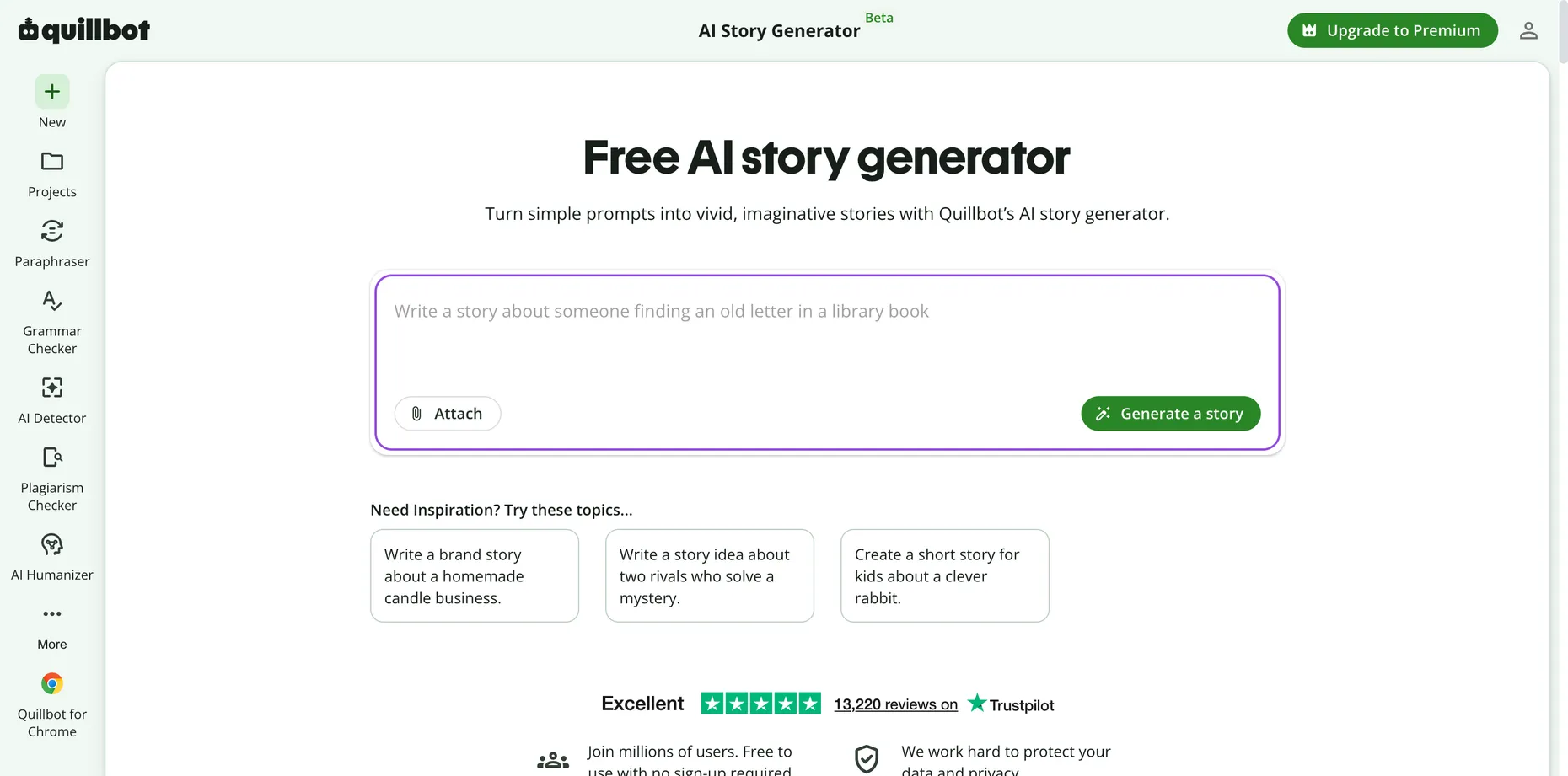QuillBot's AI Story Generator page with the headline Free AI story generator, a prompt box reading Write a story about someone finding an old letter in a library book, and a green Generate a story button