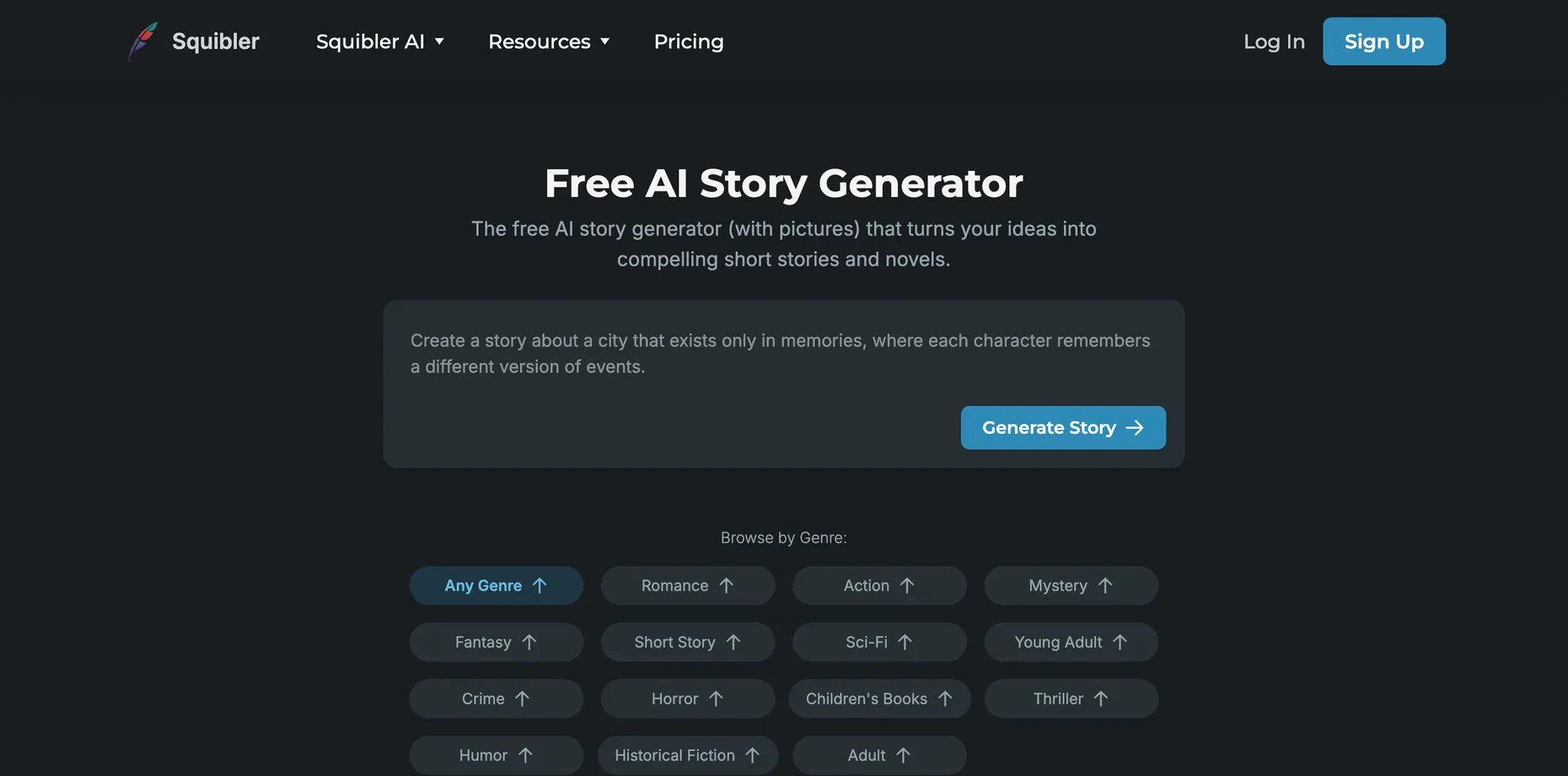 Squibler's Free AI Story Generator with a prompt box and genre buttons for Romance, Action, Mystery, Fantasy, Short Story, Sci-Fi, Young Adult, Crime, Horror, Children's Books, Thriller, Humor, Historical Fiction and Adult