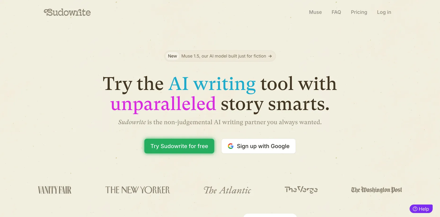 Sudowrite's homepage, headline Try the AI writing tool with unparalleled story smarts, with a Try Sudowrite for free button and press logos from Vanity Fair, The New Yorker, The Atlantic, The Verge and The Washington Post