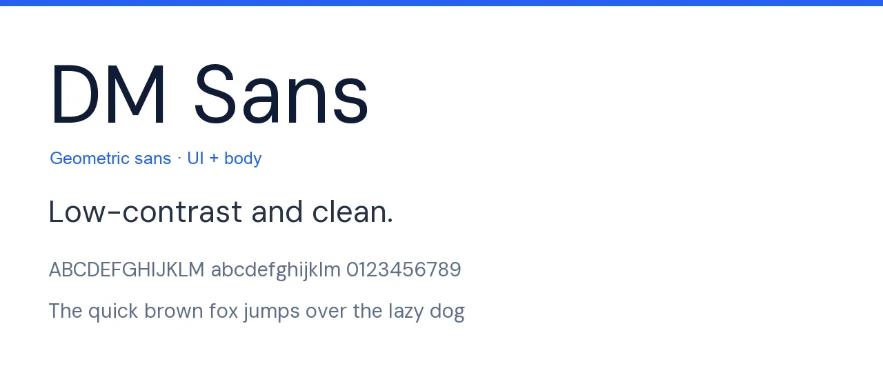 DM Sans typeface specimen: the words DM Sans set large with a sample line and the alphabet in DM Sans.