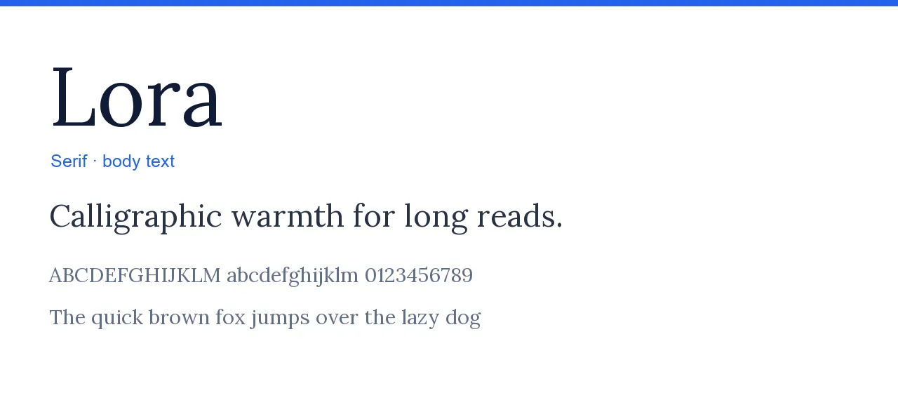 Lora typeface specimen: the word Lora set large in a calligraphic serif with a sample line and the alphabet.