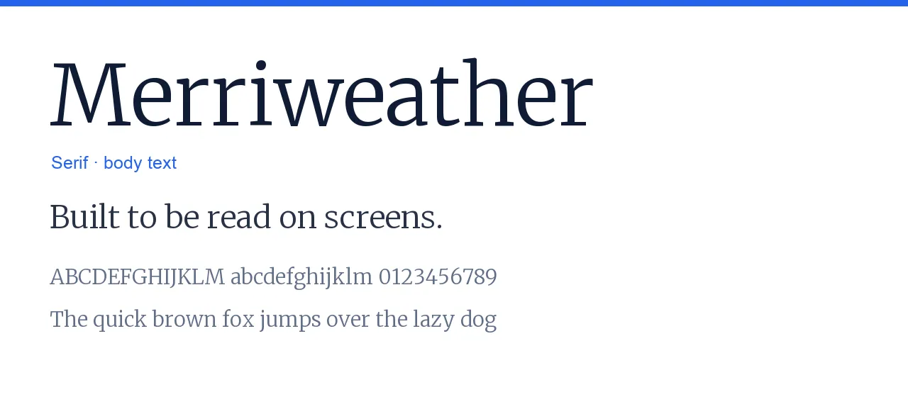 Merriweather typeface specimen: the word Merriweather set large in a serif with a sample line and the alphabet.