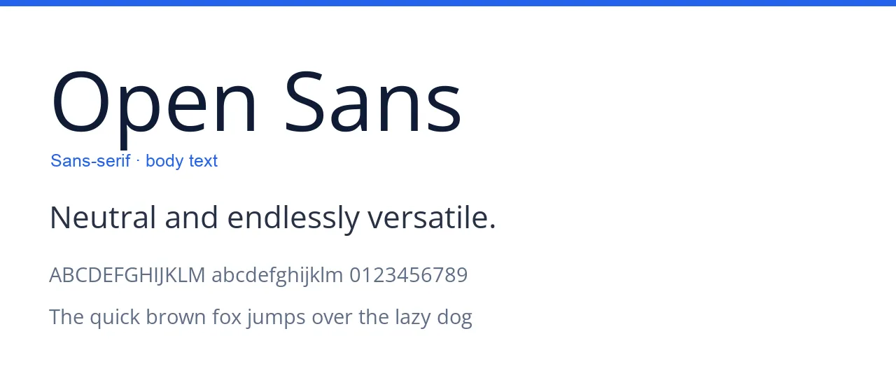 Open Sans typeface specimen: the words Open Sans set large with a sample line and the alphabet in Open Sans.