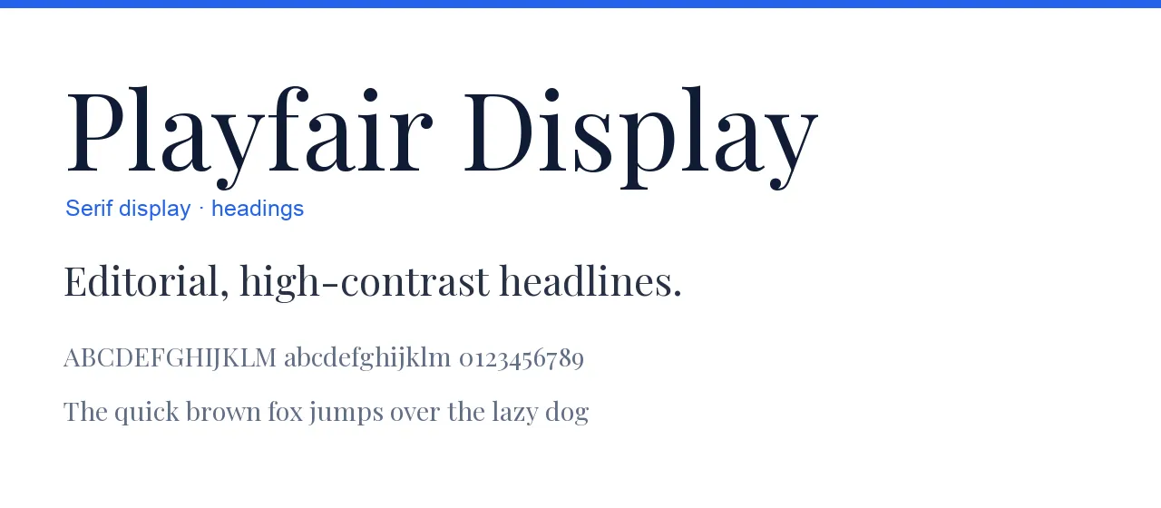 Playfair Display typeface specimen: the words Playfair Display set large in a high-contrast serif with a sample line and the alphabet.