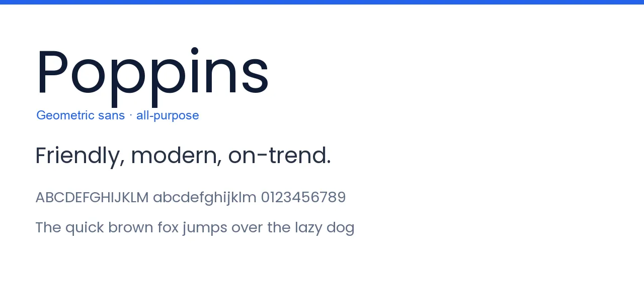 Poppins typeface specimen: the word Poppins set large with a sample line and the alphabet in Poppins.