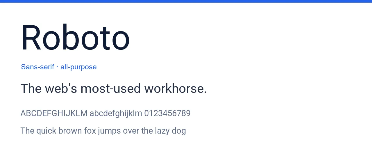 Roboto typeface specimen: the word Roboto set large with a sample line and the alphabet in Roboto.