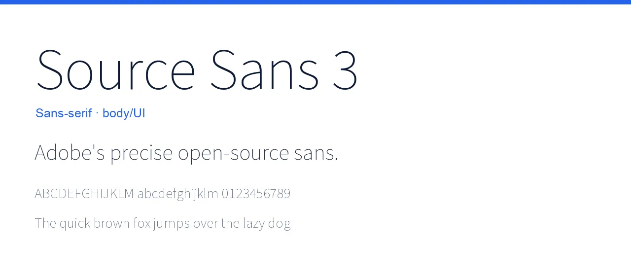 Source Sans 3 typeface specimen: the words Source Sans 3 set large with a sample line and the alphabet.