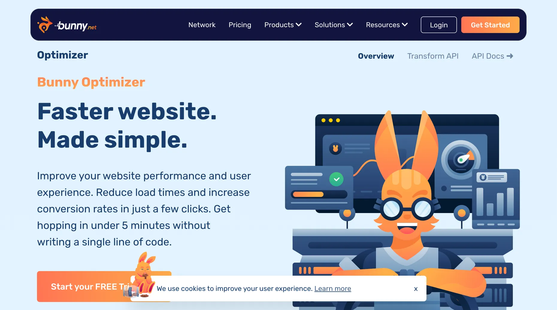 The Bunny Optimizer product page, headline reading Faster website. Made simple.