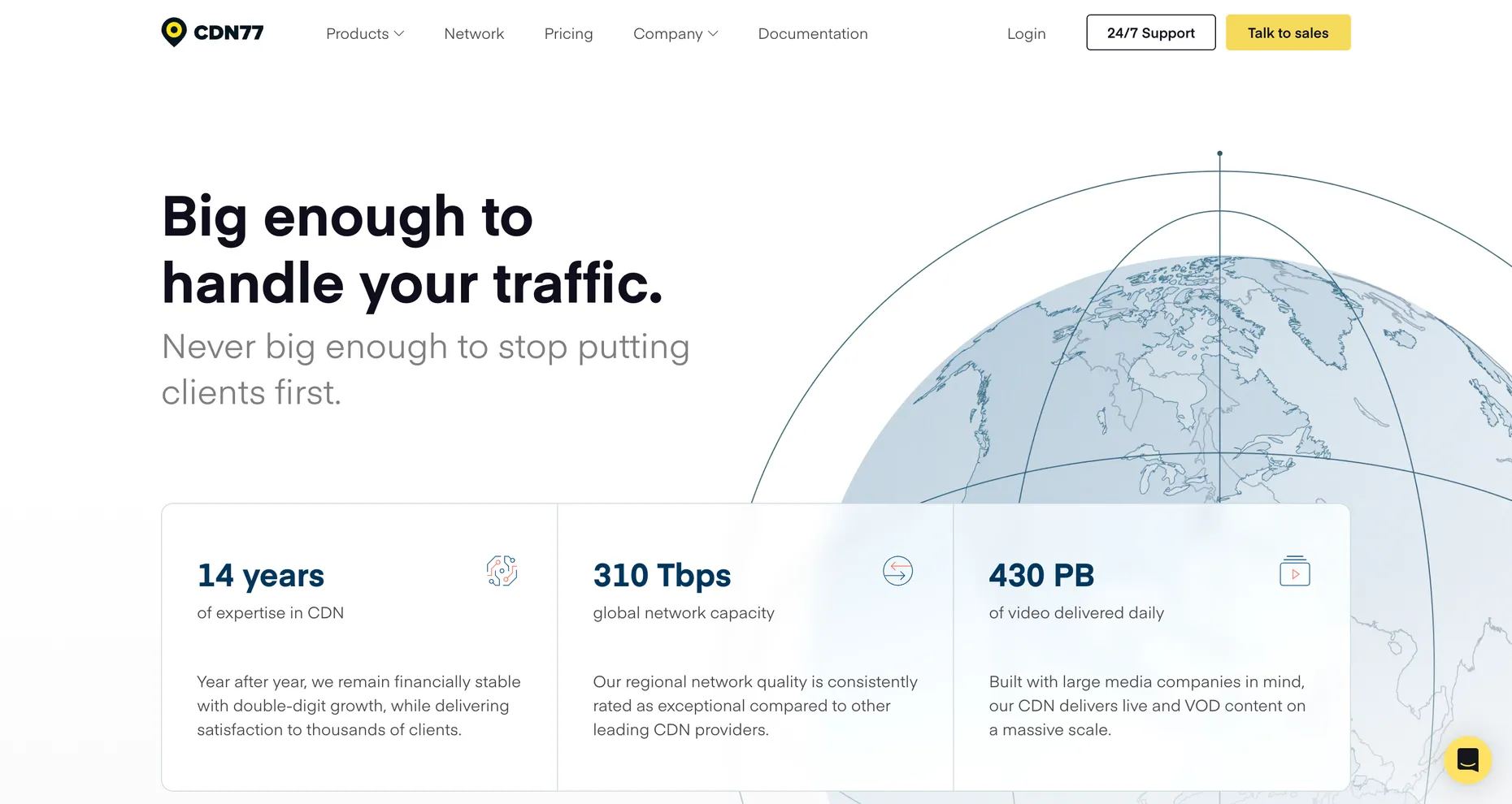 The CDN77 homepage, headline Big enough to handle your traffic, showing 14 years, 310 Tbps capacity, 430 PB video daily.