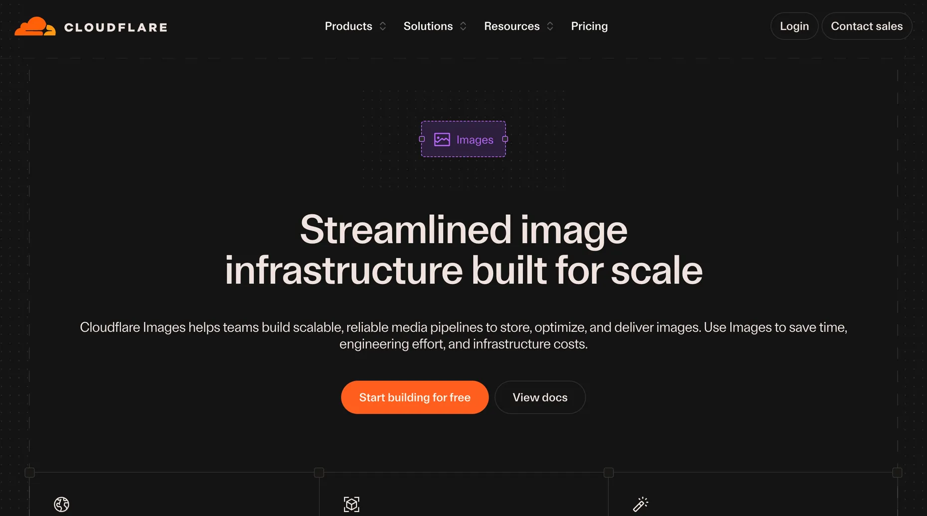 The Cloudflare Images page, headline reading Streamlined image infrastructure built for scale.