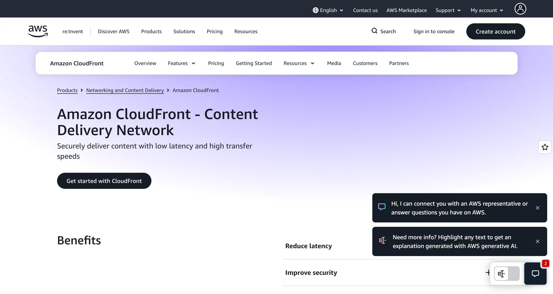 The Amazon CloudFront product page, headline Content Delivery Network, securely deliver content with low latency.
