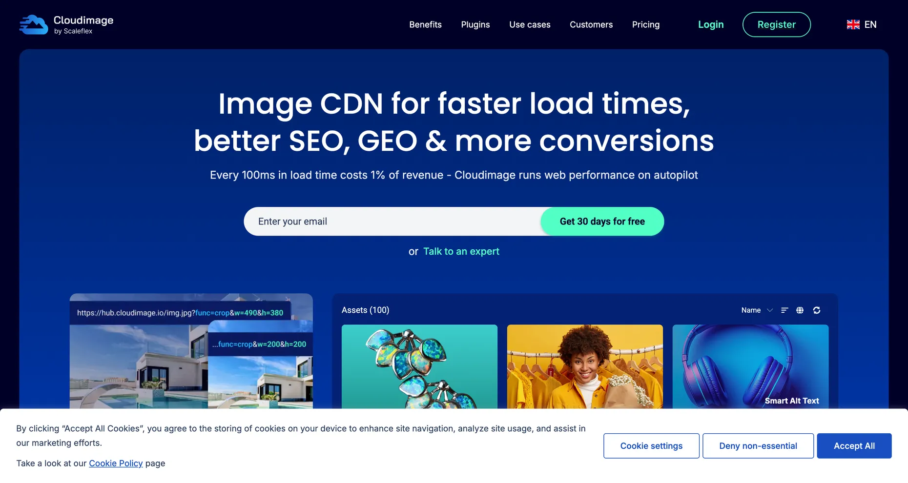 The Cloudimage homepage, headline Image CDN for faster load times, better SEO, GEO and more conversions.
