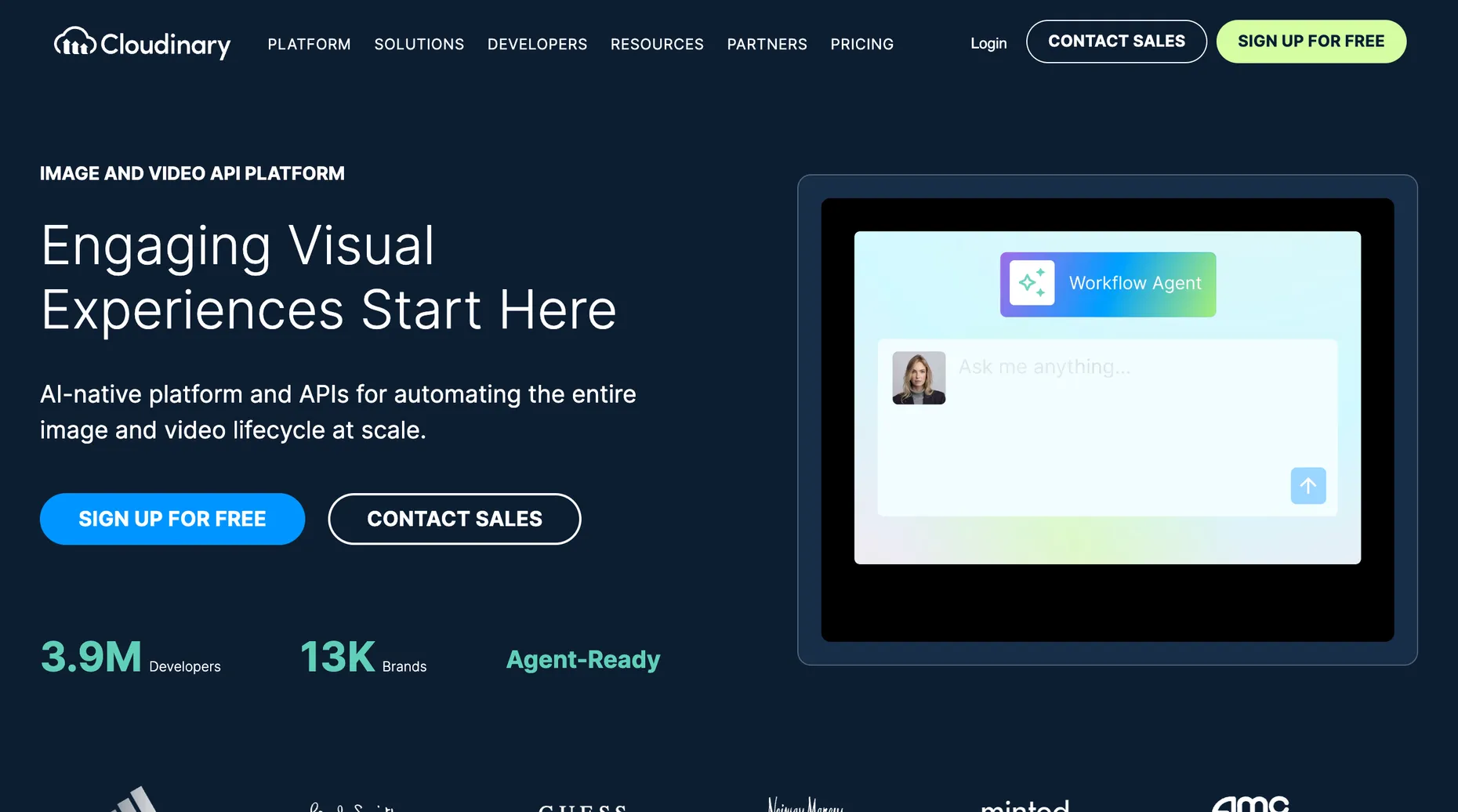 The Cloudinary homepage, headline Engaging Visual Experiences Start Here, showing an AI workflow agent and 3.9M developers.
