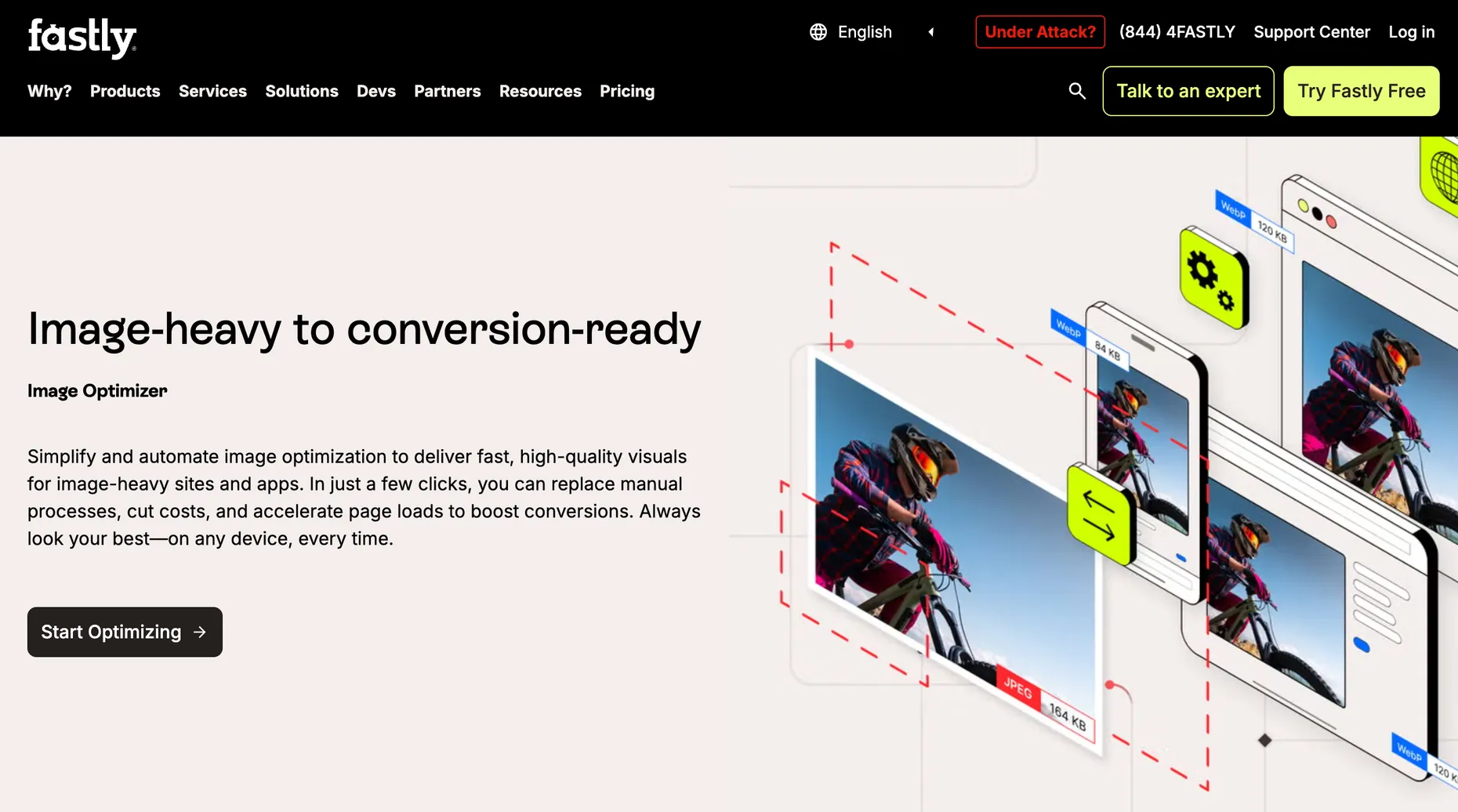 The Fastly Image Optimizer page showing one source image delivered as a 164KB JPEG and an 84KB WebP across devices.