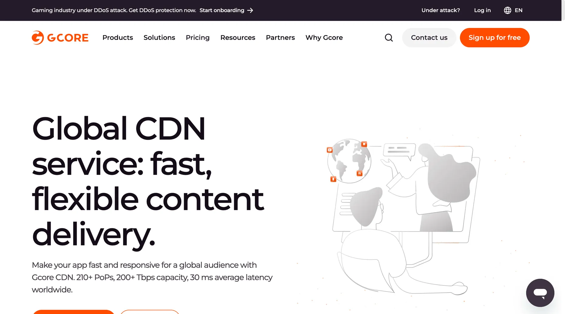 The Gcore CDN page advertising 210-plus PoPs and 30ms average latency worldwide.