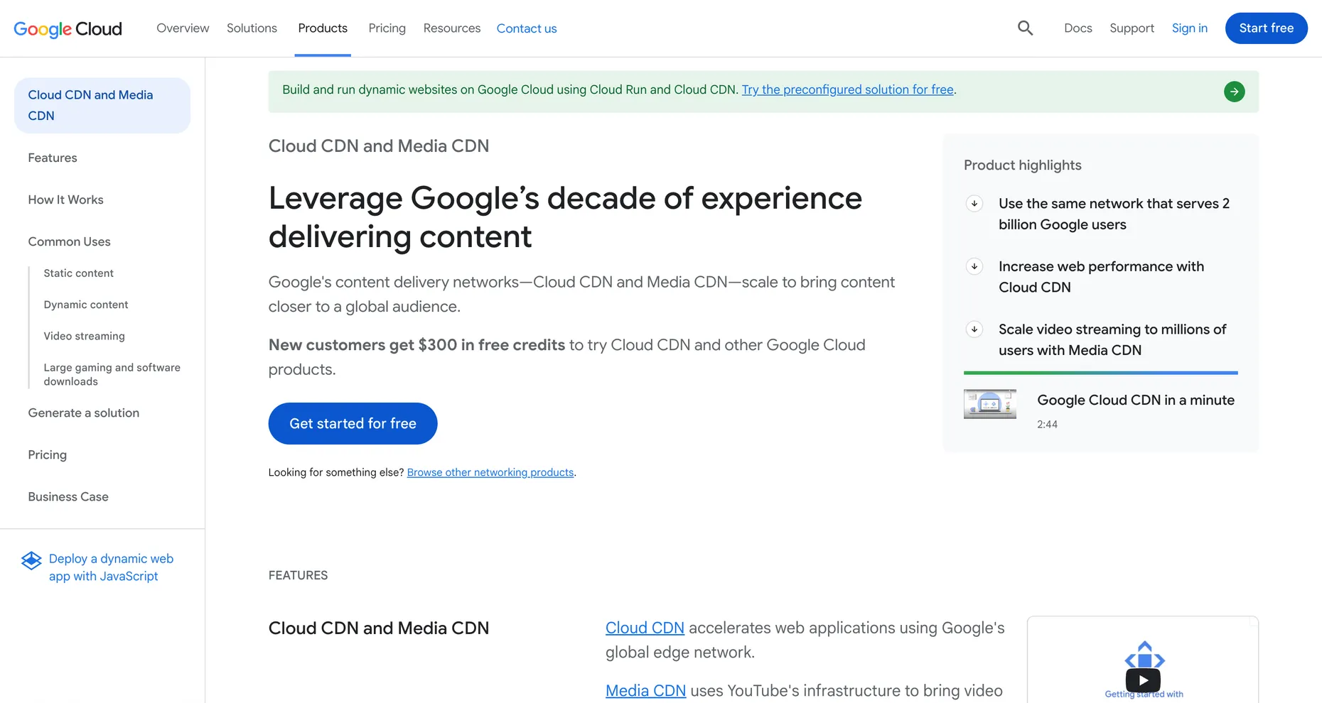 The Google Cloud CDN page, headline Leverage Google's decade of experience delivering content.