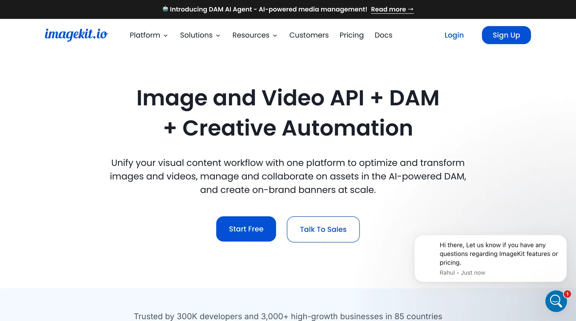 The ImageKit homepage describing an image and video API with DAM and creative automation, trusted by 300K developers.