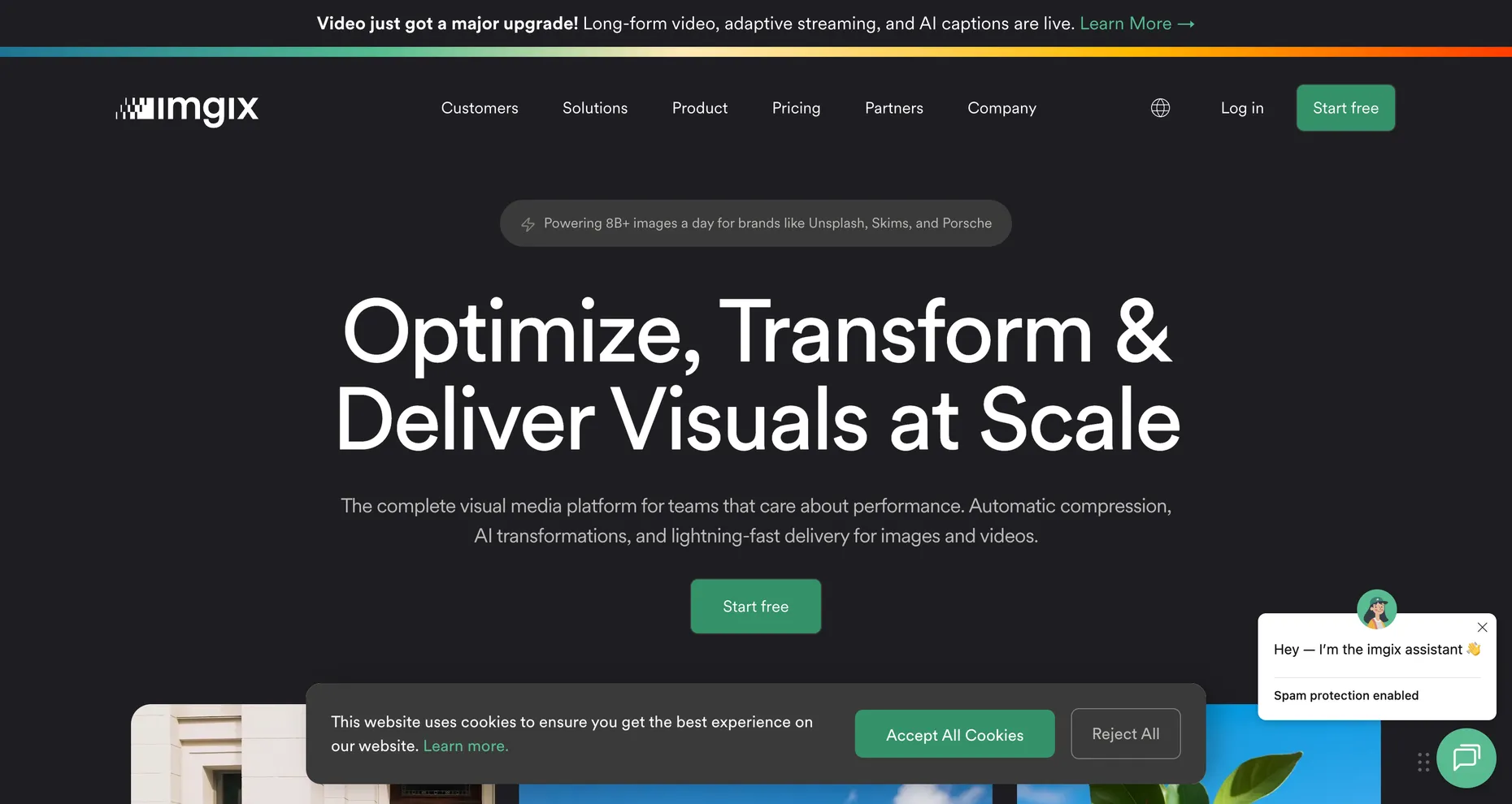 The Imgix homepage, headline Optimize, Transform and Deliver Visuals at Scale, noting 8B+ images a day.