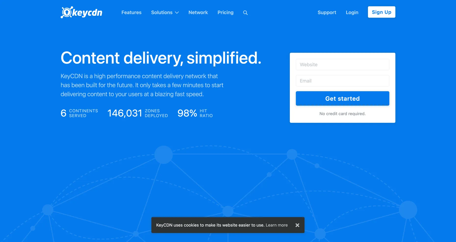 The KeyCDN homepage, headline Content delivery simplified, showing 6 continents served and a 98 percent hit ratio.