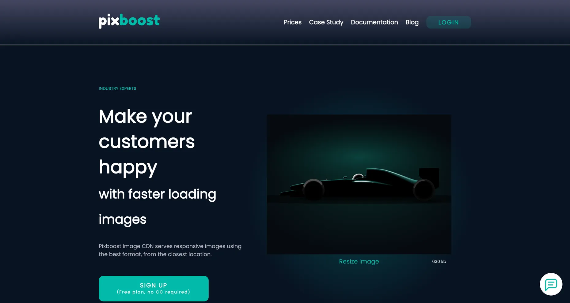 The Pixboost homepage, headline Make your customers happy with faster loading images, showing a resize demo.