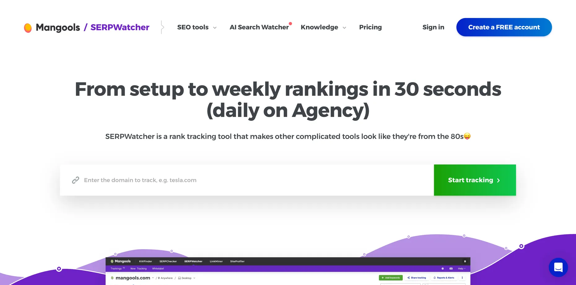 The Mangools SERPWatcher page with the headline From setup to weekly rankings in 30 seconds, daily on Agency, and an AI Search Watcher item in the navigation