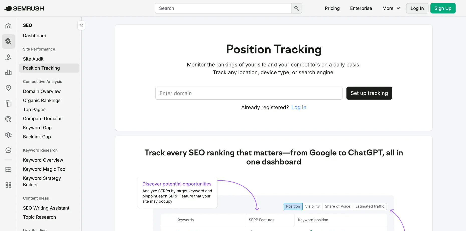 The Semrush Position Tracking page showing the setup box and the headline Track every SEO ranking that matters, from Google to ChatGPT, all in one dashboard