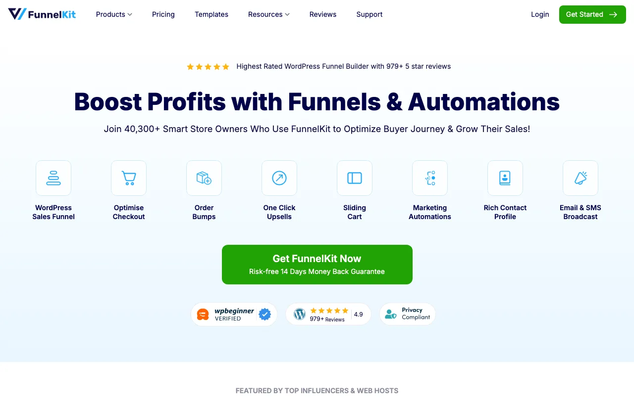 FunnelKit homepage, a WooCommerce funnel and automation platform with marketing automations and email and SMS broadcasts.