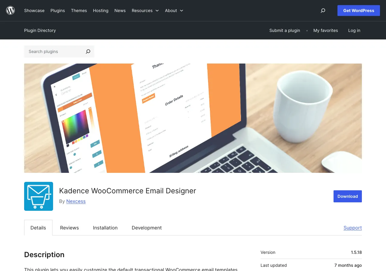 Kadence WooCommerce Email Designer on WordPress.org, a free plugin by Nexcess for customising transactional email templates.