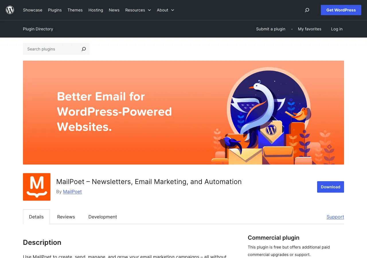 MailPoet on WordPress.org, headed 'Better Email for WordPress-Powered Websites', for newsletters, email marketing and automation.
