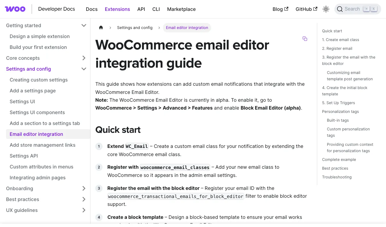 WooCommerce developer docs page titled 'WooCommerce email editor integration guide', noting the WooCommerce Email Editor is currently in alpha and enabled under WooCommerce, Settings, Advanced, Features.