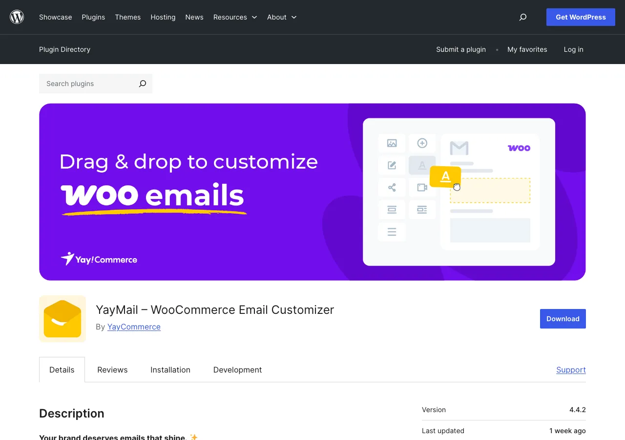 YayMail WooCommerce Email Customizer on WordPress.org, headed 'Drag & drop to customize Woo emails' with an email builder mockup.