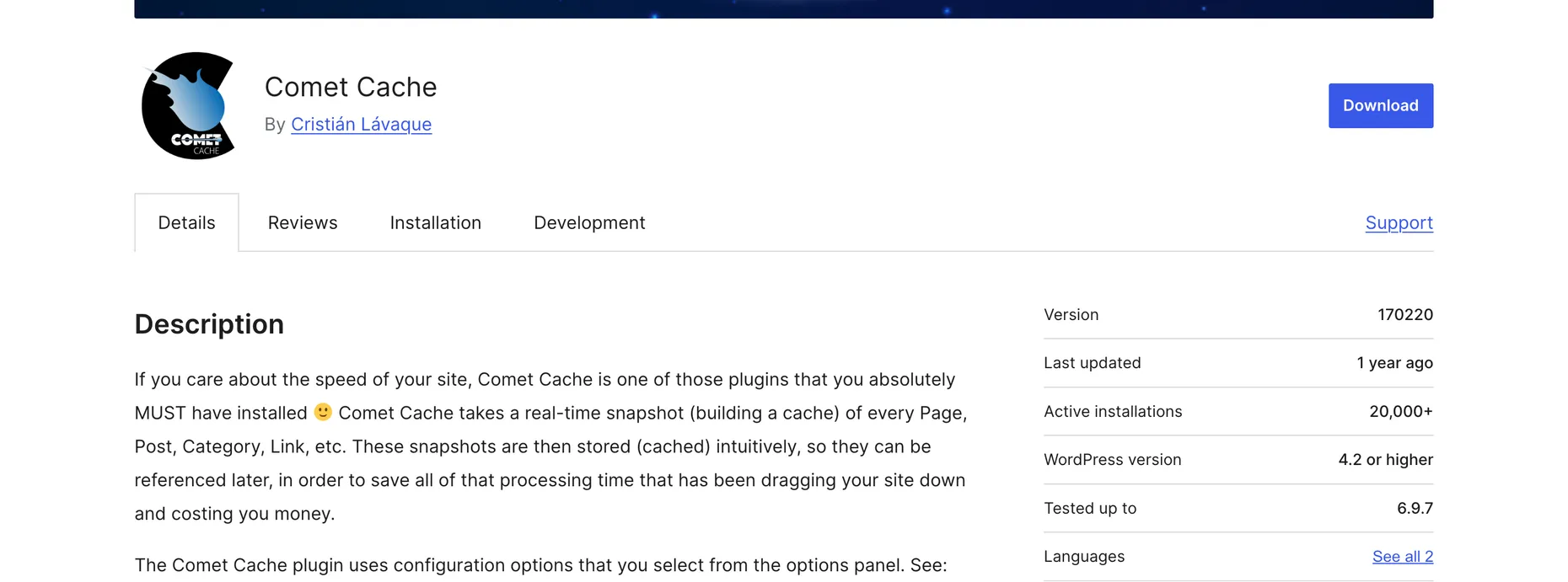 The Comet Cache page on WordPress.org showing version 170220, last updated 1 year ago, 20,000 plus active installations, WordPress version 4.2 or higher, and tested up to 6.9.7.