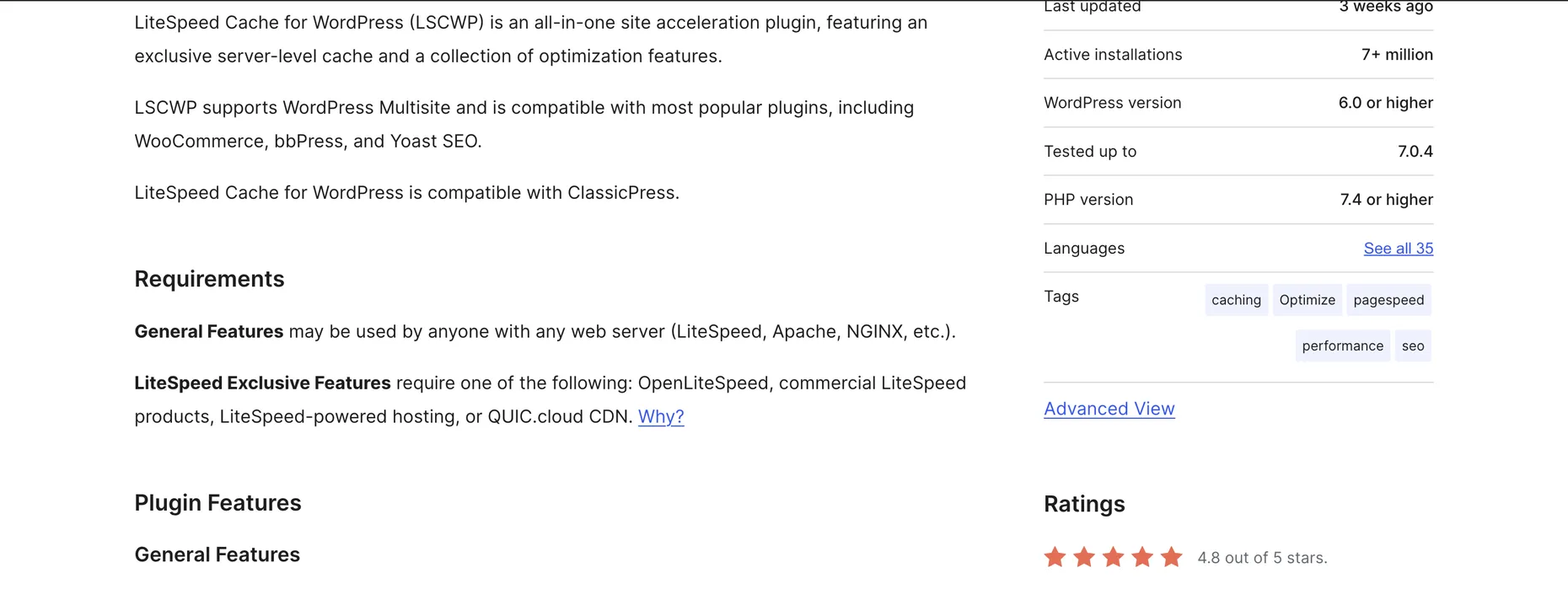 The LiteSpeed Cache page on WordPress.org showing 7 plus million active installations, tested up to 7.0.4, 4.8 out of 5 stars, and a Requirements note about LiteSpeed exclusive features.