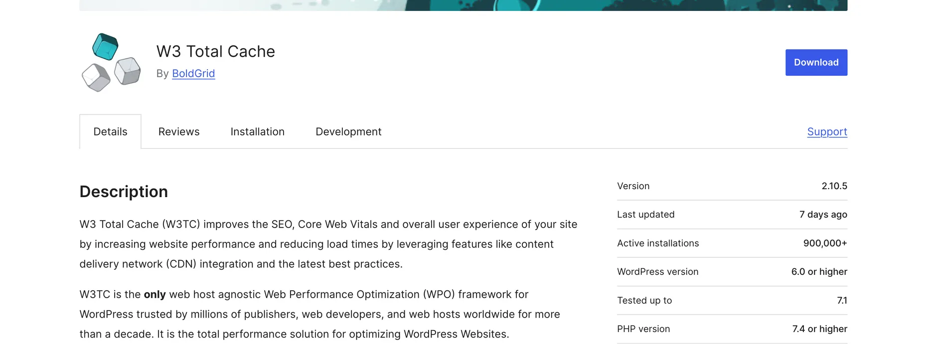 The W3 Total Cache page on WordPress.org showing version 2.10.5, last updated 7 days ago, 900,000 plus active installations, and tested up to WordPress 7.1.
