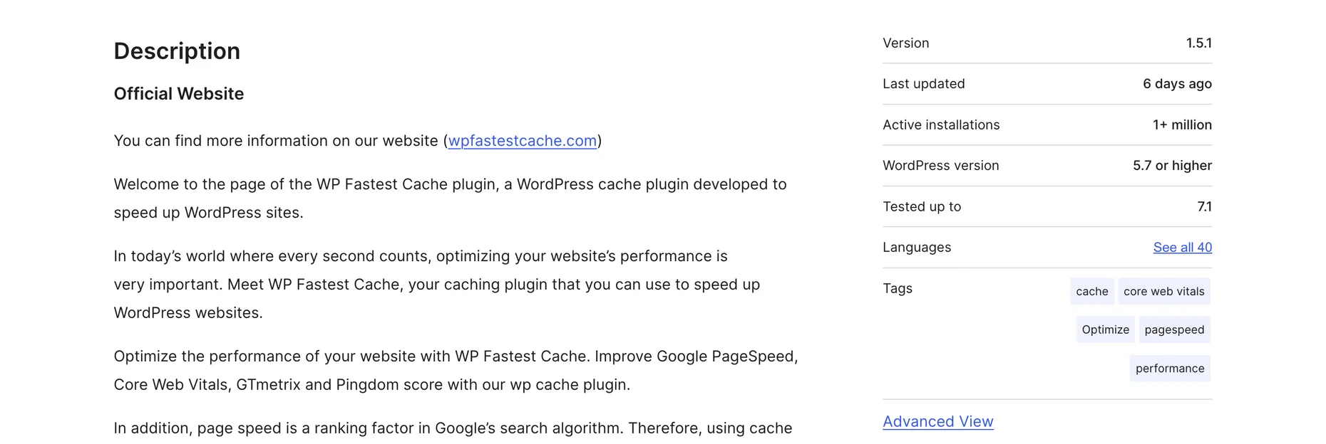 The WP Fastest Cache page on WordPress.org showing version 1.5.1, last updated 6 days ago, 1 plus million active installations, and tested up to WordPress 7.1.