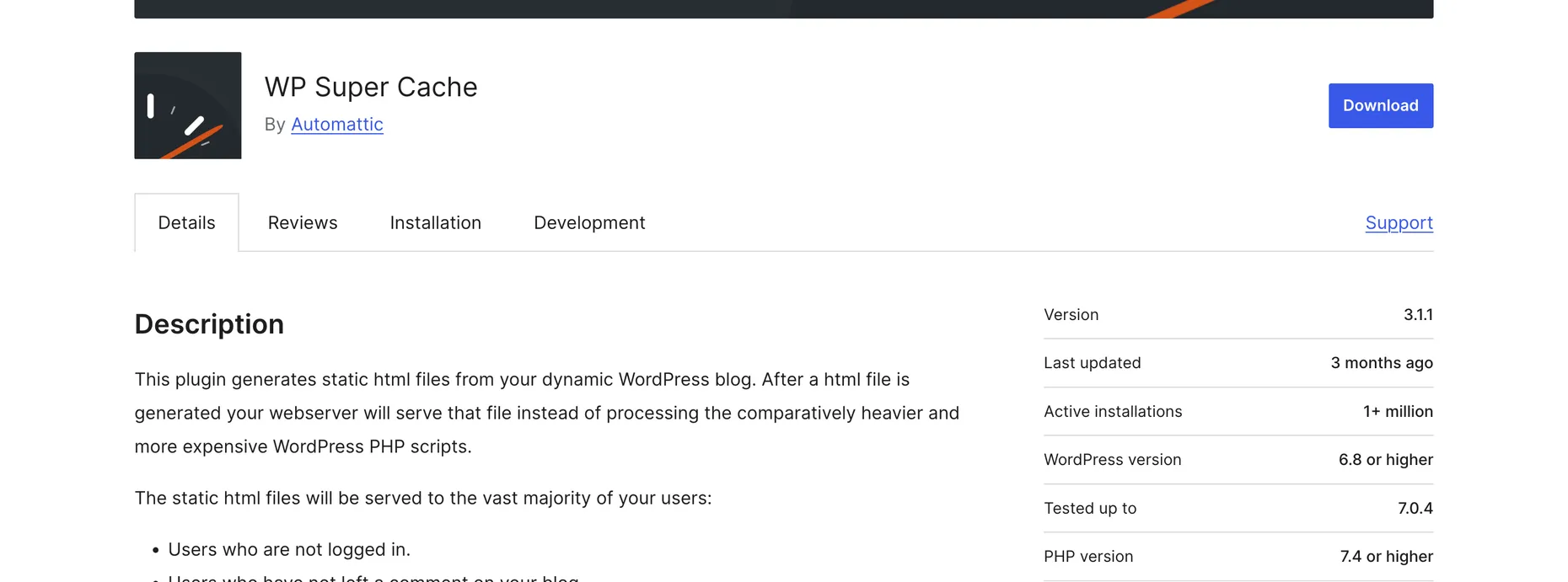 The WP Super Cache page on WordPress.org by Automattic, showing 1 plus million active installations, version 3.1.1, and a description explaining it generates static HTML files from a dynamic WordPress blog.