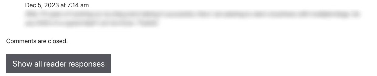 Bottom of a Smart Blogger post showing the last reader comment dated December 5, 2023 followed by the notice Comments are closed
