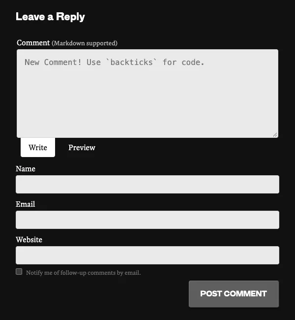CSS-Tricks Leave a Reply comment form with Comment, Name, Email and Website fields and a Post Comment button