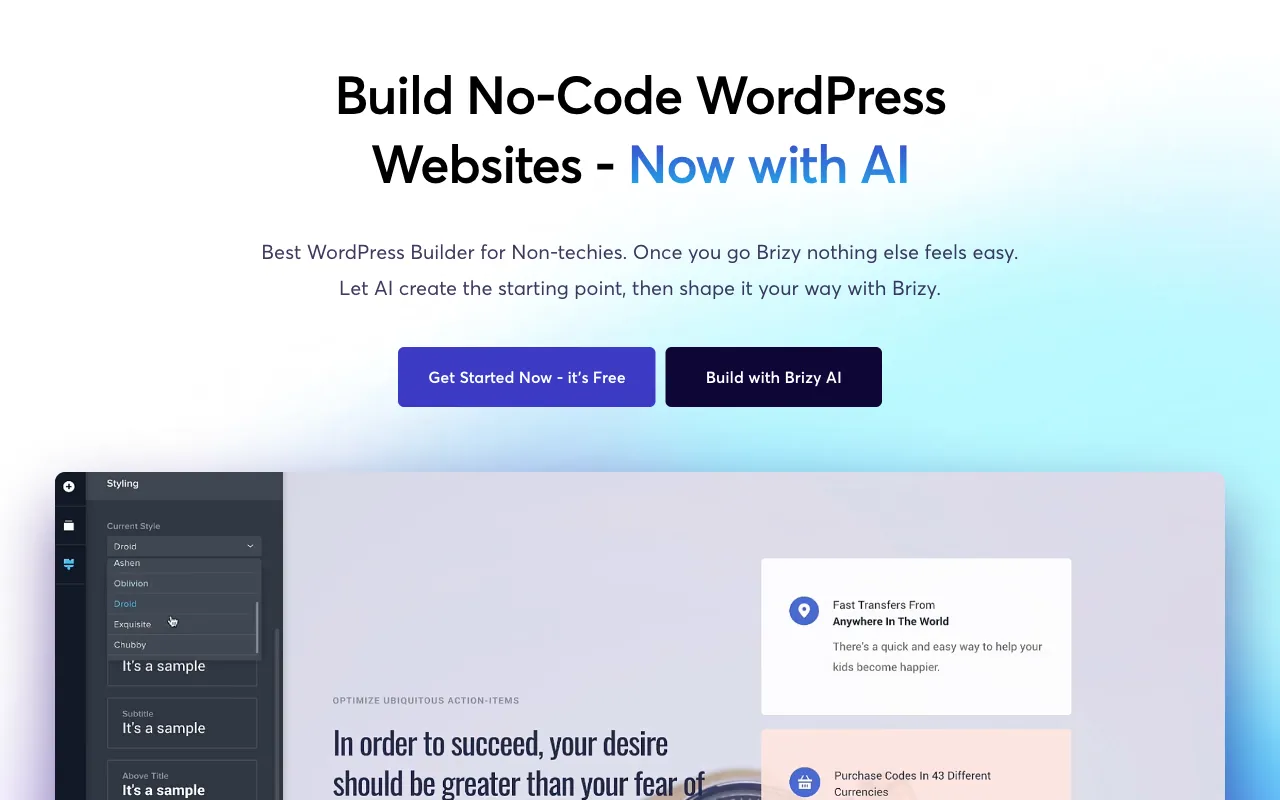 Brizy no-code WordPress editor showing the styling panel with global styles, current style selector and a live page preview