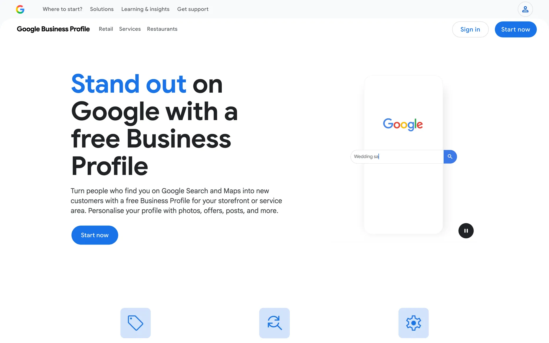 The Google Business Profile homepage with the heading Stand out on Google with a free Business Profile and a Start now button