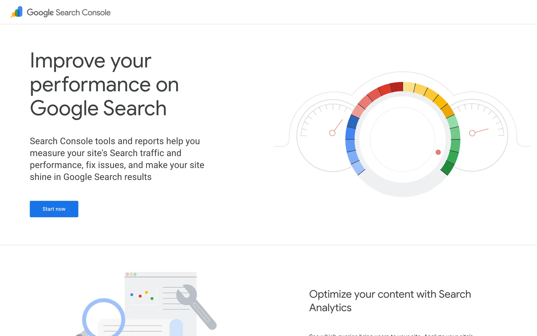 The Google Search Console homepage with the heading Improve your performance on Google Search and a performance dial graphic