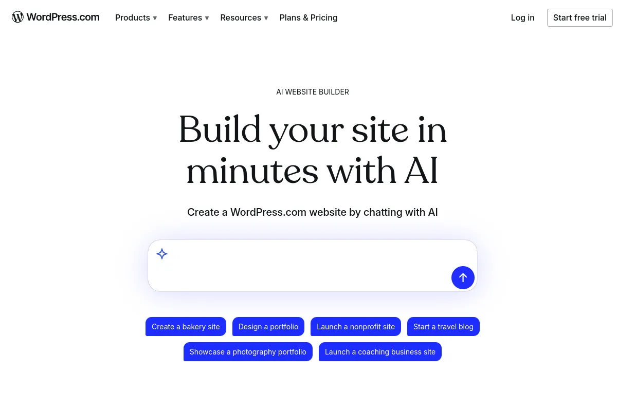 WordPress.com AI website builder prompt interface for describing a business site