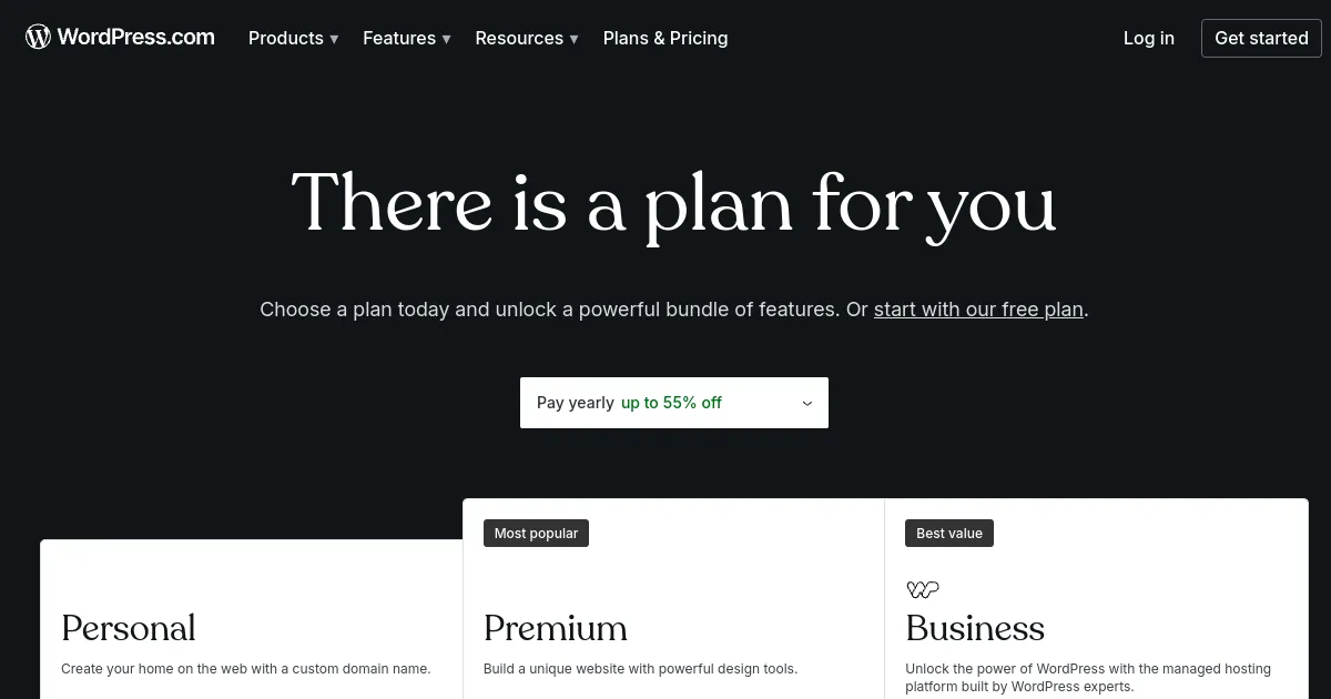 WordPress.com pricing page showing Personal, Premium and Business plan tiers