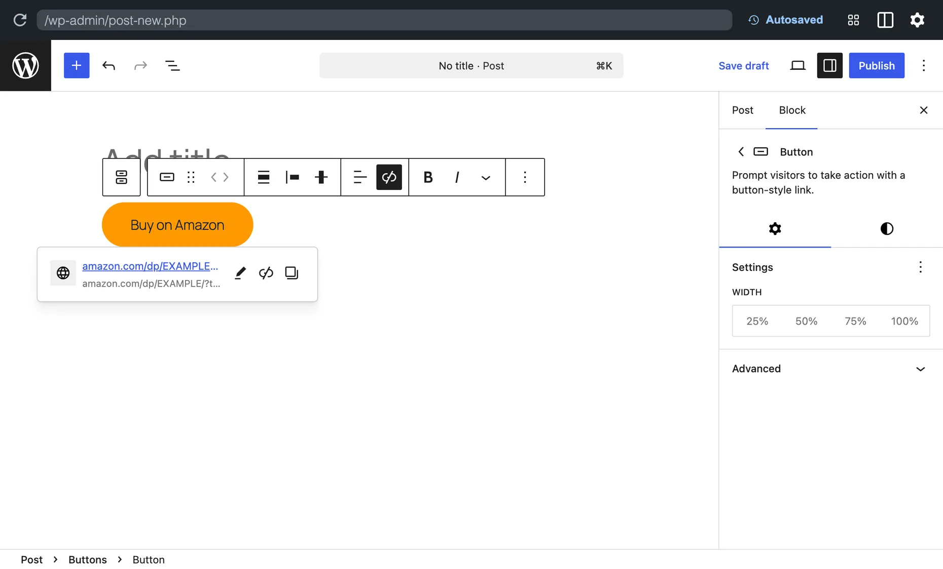 The WordPress block editor with an orange Buy on Amazon button, the link popover showing an Amazon affiliate URL, and the Button block settings panel