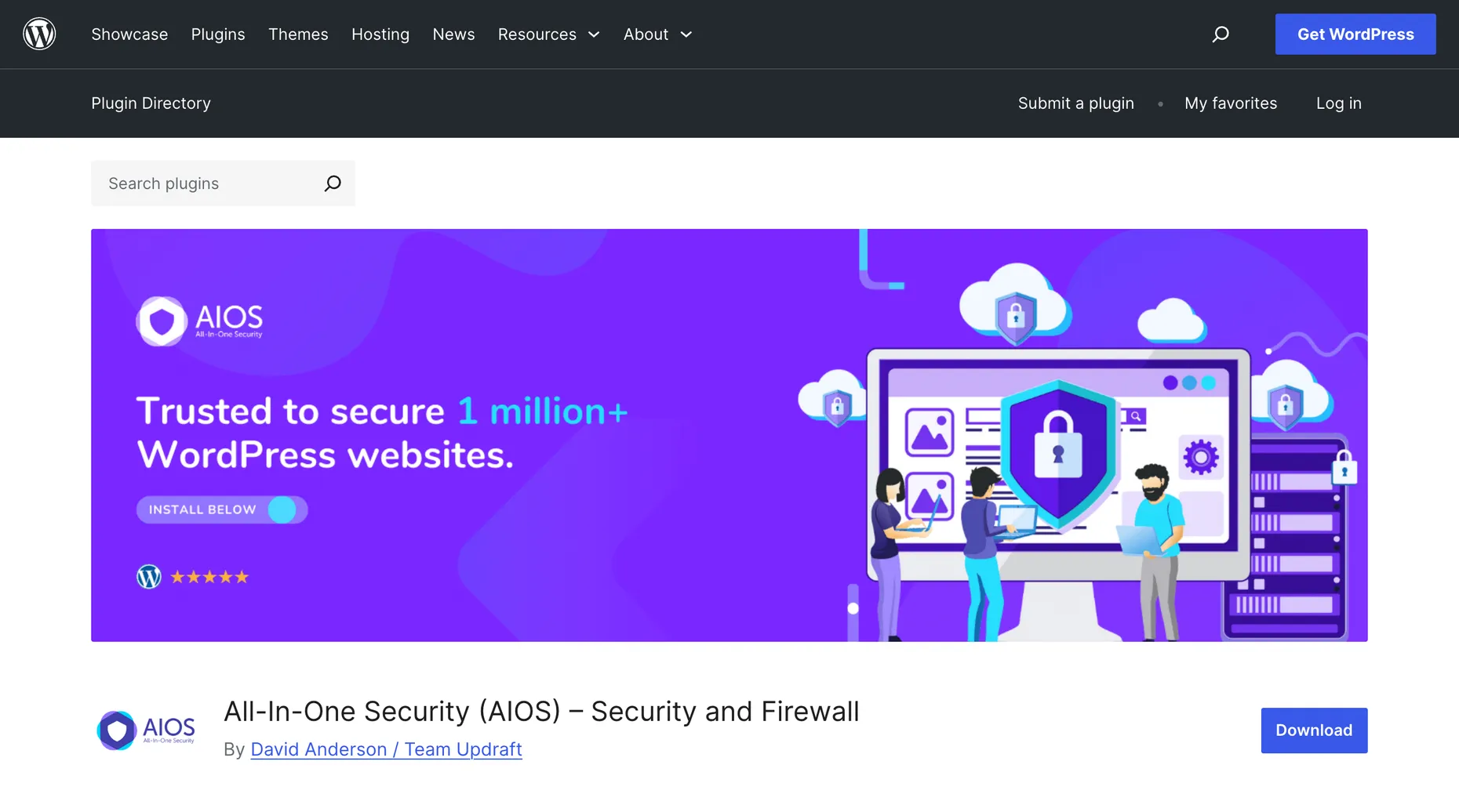 The All-In-One Security (AIOS) plugin page on WordPress.org, showing it secures over 1 million WordPress sites